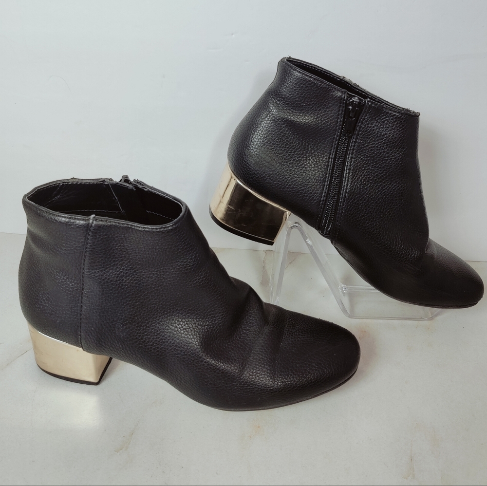Marc New York Hayden Black Faux Leather Gold Block Heel Ankle Booties, 6.5